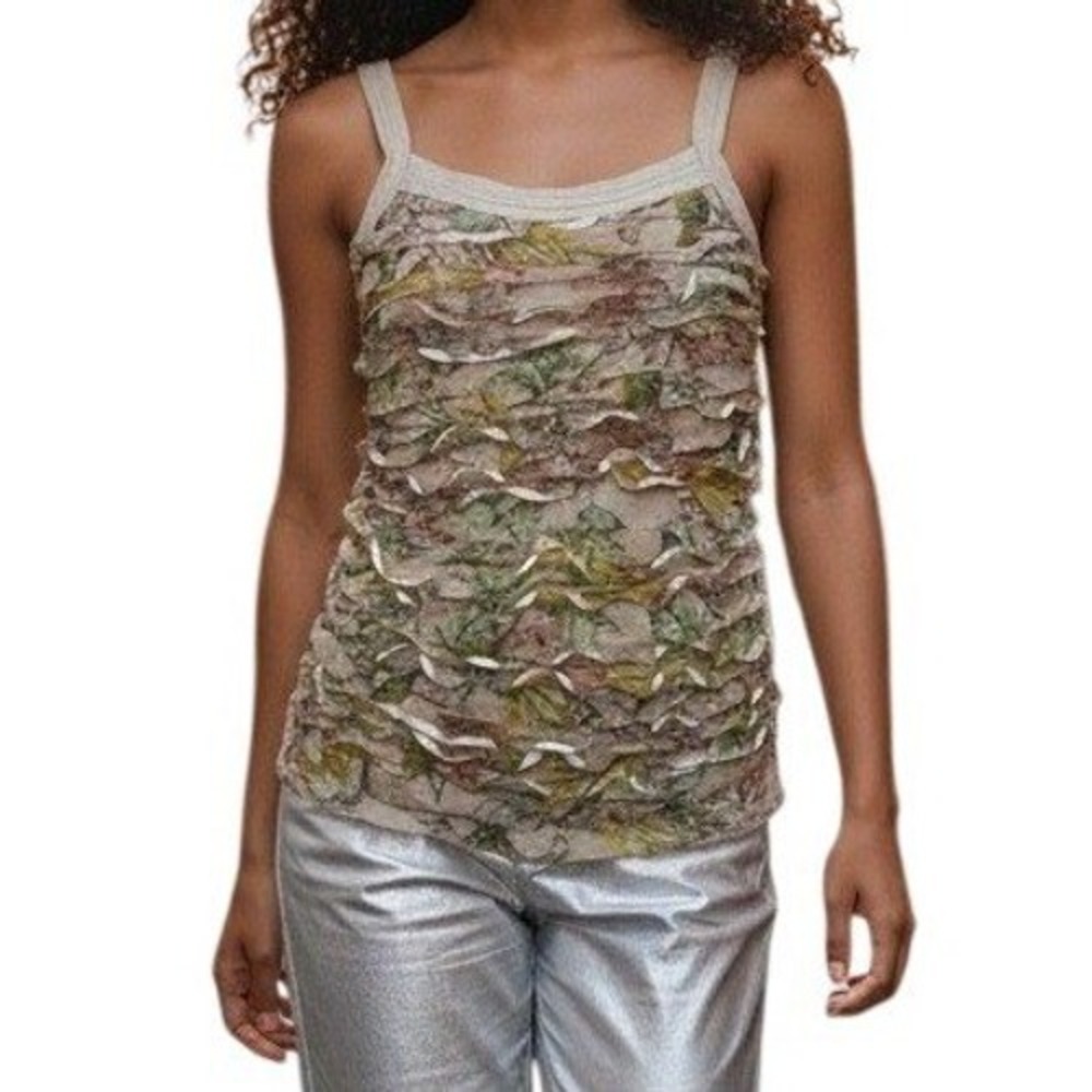 EXPRESS Dove Gray Mesh Ruffled Tiered Ribbon Trim Tank Top EUC Size XS